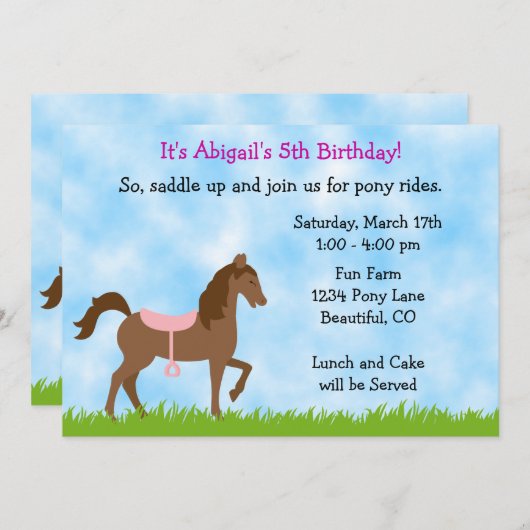 Invitation Joli Cheval Brown, Pony Saddle Pony Party Annivers (Devant / Derrière)