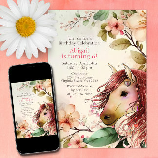 Invitation Joli Cheval et Fleurs Anniversaire