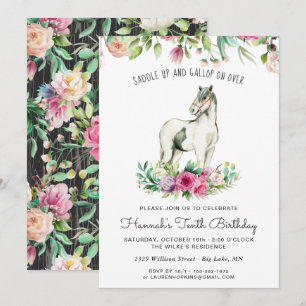 Invitation Joli Cheval et Fleurs   Anniversaire en Bois Rusti