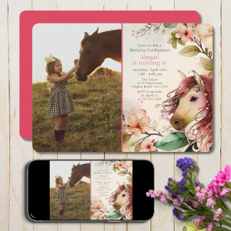 Invitation Joli cheval et fleurs PHOTO Anniversaire
