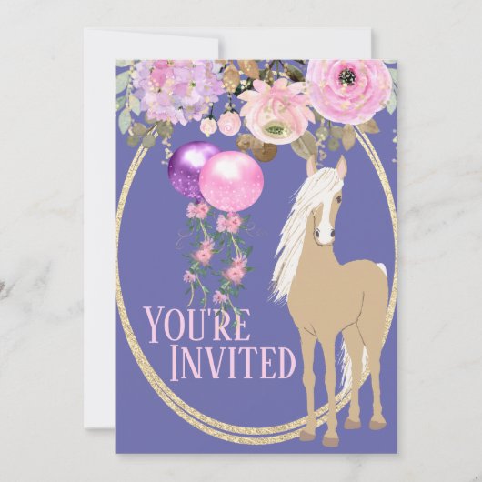 Invitation Joli Cheval et Fleurs Pink Périwinkle Anniversaire (Devant)