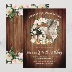 Invitation Joli cheval et fleurs sur bois rustique pour un an