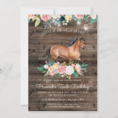 Invitation Joli cheval et fleurs sur le bois rustique Anniver (Devant)