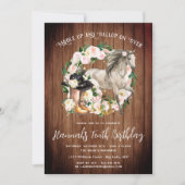 Invitation Joli cheval et fleurs sur le bois rustique Anniver (Devant)
