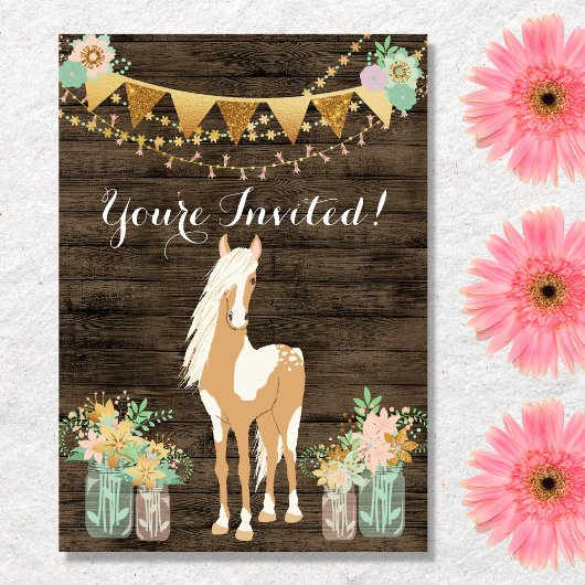 Invitation Joli cheval et fleurs sur le bois rustique Anniver