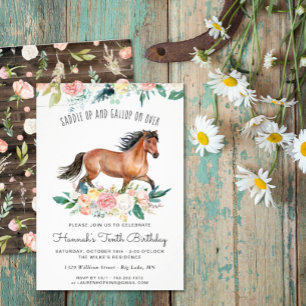 Invitation Joli cheval et fleurs sur le bois rustique Anniver
