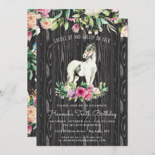 Invitation Joli cheval et fleurs sur le bois rustique Anniver (Devant / Derrière)