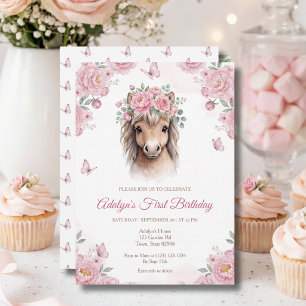 Invitation Joli Cheval Fleur Rose Anniversaire