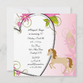 Invitation Joli cheval, Fleurs roses et Anniversaire du Coeur (Dos)