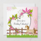 Invitation Joli cheval, Fleurs roses et Anniversaire du Coeur (Devant)