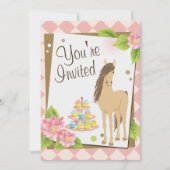 Invitation Joli cheval, Fleurs roses et Cupcakes Anniversaire (Devant)