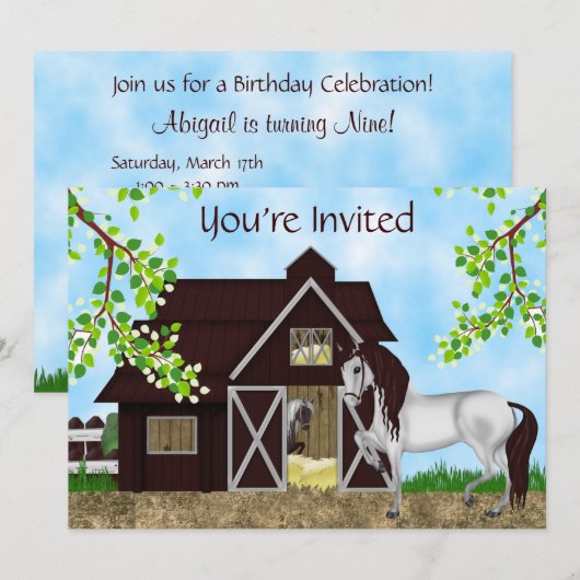 Invitation Joli cheval, grange et arbres fête d'anniversaire (Devant / Derrière)
