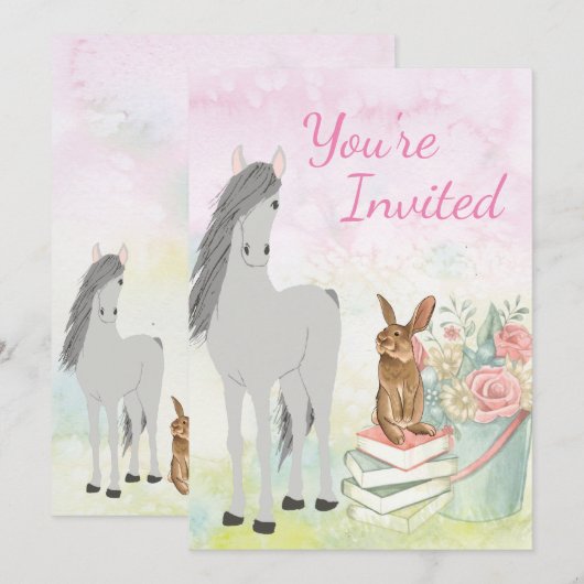 Invitation Joli Cheval, lapin, Fleurs et Livres Anniversaire (Devant / Derrière)