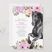 Invitation Joli Cheval Noir avec Fleurs Roses Anniversaire (Devant)