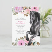 Invitation Joli Cheval Noir avec Fleurs Roses Anniversaire (Debout devant)