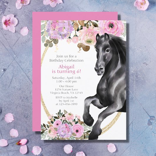 Invitation Joli Cheval Noir avec Fleurs Roses Anniversaire