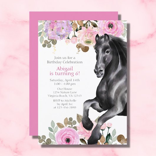 Invitation Joli Cheval Noir avec Fleurs Roses Anniversaire