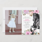 Invitation Joli Cheval noir et Fleurs roses Photo Anniversair (Devant)