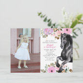 Invitation Joli Cheval noir et Fleurs roses Photo Anniversair (Debout devant)