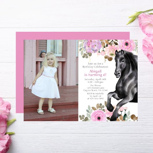 Invitation Joli Cheval noir et Fleurs roses Photo Anniversair
