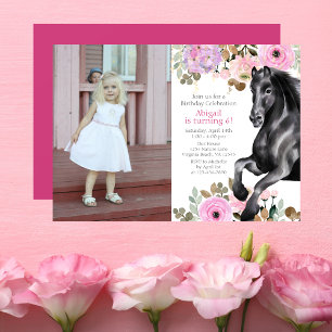 Invitation Joli Cheval noir et Fleurs roses Photo Anniversair