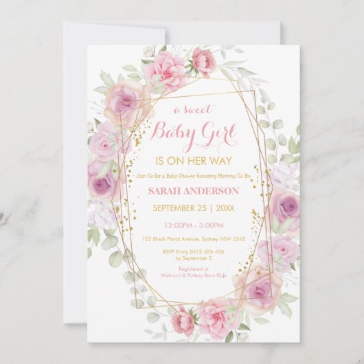 Invitation Joli Chic Gold Parties scintillant rose Floral béb (Devant)