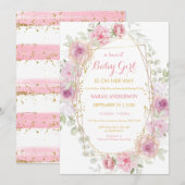 Invitation Joli Chic Gold Parties scintillant rose Floral béb (Devant / Derrière)