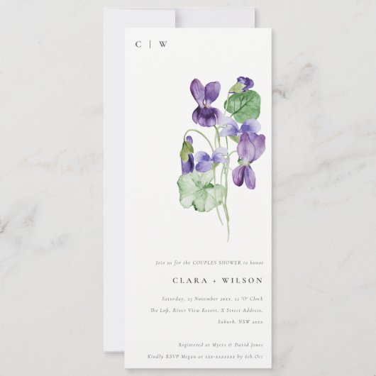 Invitation Joli Chic Monogramme Violet Floral Couples Douche (Devant)