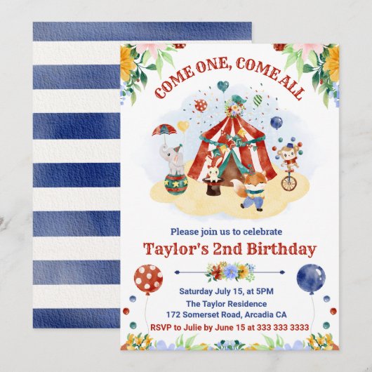 Invitation Joli cirque de carnaval à l'aquarelle pour l'anniv (Devant / Derrière)