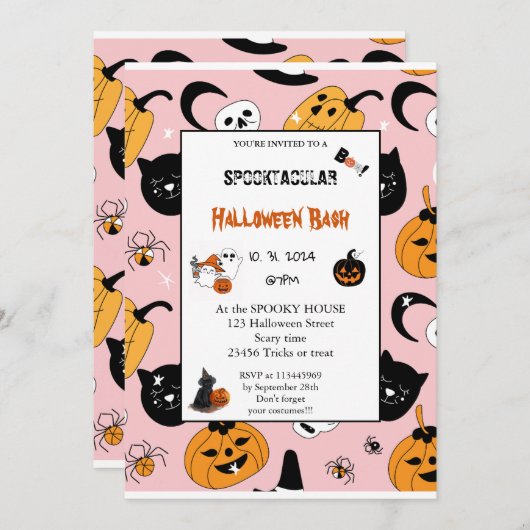 Invitation Joli citrouille Boo Halloween bash rose (Devant / Derrière)