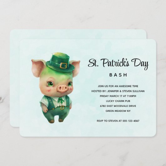 Invitation Joli Cochon Vert St. Patrick's Day Party (Devant / Derrière)