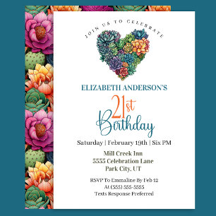 Invitation Joli Cœur de Cactus 21e Anniversaire