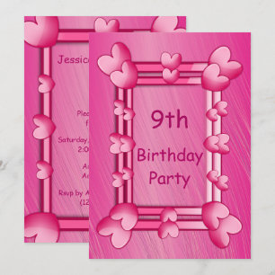 Invitation Joli Coeur rose Fille encadré 9e anniversaire