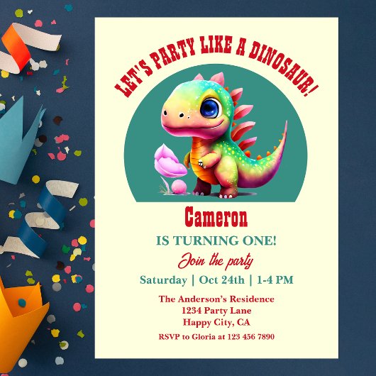 Invitation Joli coloré comme un Dinosaur 1er anniversaire fêt