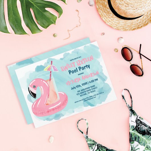 Invitation Joli Cool Tropical Flamant rose Pool Party Sweet 1
