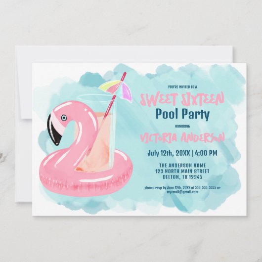 Invitation Joli Cool Tropical Flamant rose Pool Party Sweet 1 (Devant)