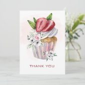 Invitation Joli cupcake à l'aquarelle, fraise, merci floral (Debout devant)