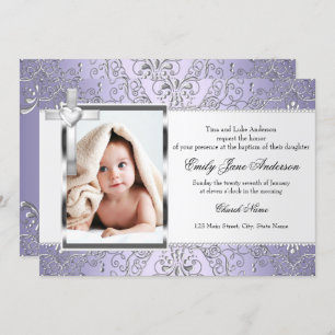 Invitation Joli Damask & Cross Purple Photo Baptism Invitatio