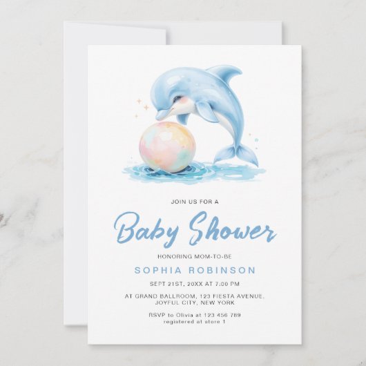Invitation Joli dauphin Dusty bleu Baby shower jouant (Devant)
