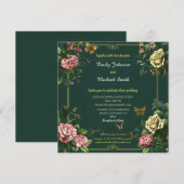 Invitation Joli design mariage fleuri et papillon vert (Devant / Derrière)
