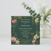 Invitation Joli design mariage fleuri et papillon vert (Debout devant)