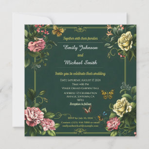 Invitation Joli design mariage fleuri et papillon vert