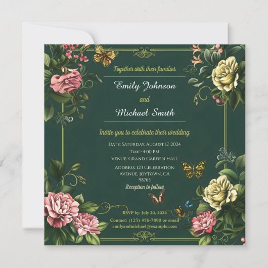 Invitation Joli design mariage fleuri et papillon vert (Devant)