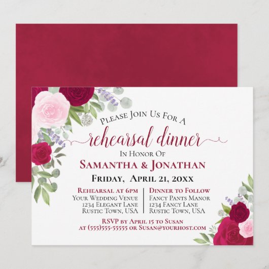 Invitation Joli Dîner de répétition Mariage de roses rose Mag (Devant / Derrière)