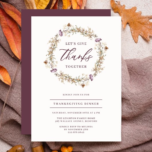 Invitation Joli dîner de Thanksgiving de Wreath Fleur sauvage