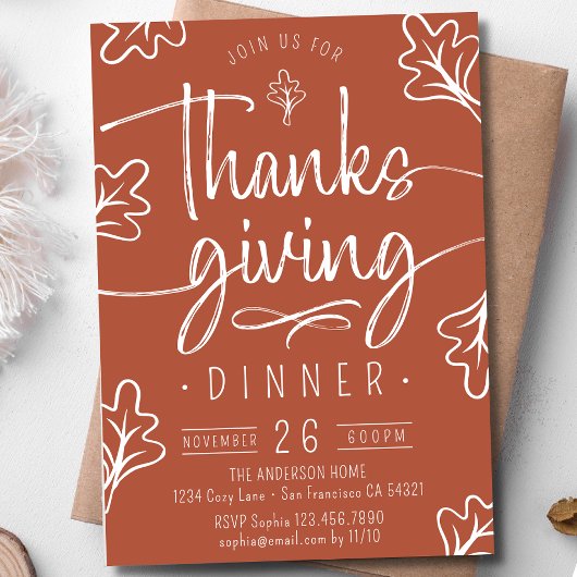 Invitation Joli dîner de Thanksgiving rustique Script Feuille