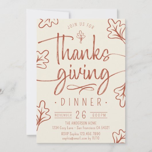 Invitation Joli dîner de Thanksgiving rustique Script Feuille (Devant)