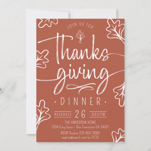 Invitation Joli Dîner Rustique Thanksgiving Script Feuilles d (Devant)