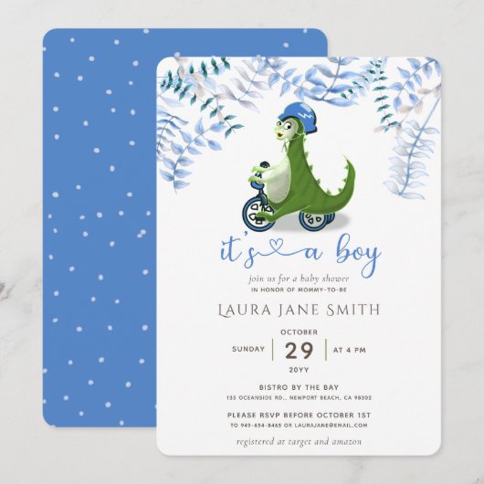 Invitation Joli Dinosaur Vert Bleu Trike Baby shower garçon (Devant / Derrière)