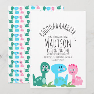 Invitation Joli Dinosaure couleur rose Gree Bleu Anniversaire